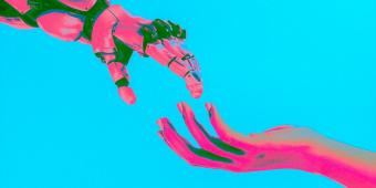 illustration of a robotic hand reaching for a human hand