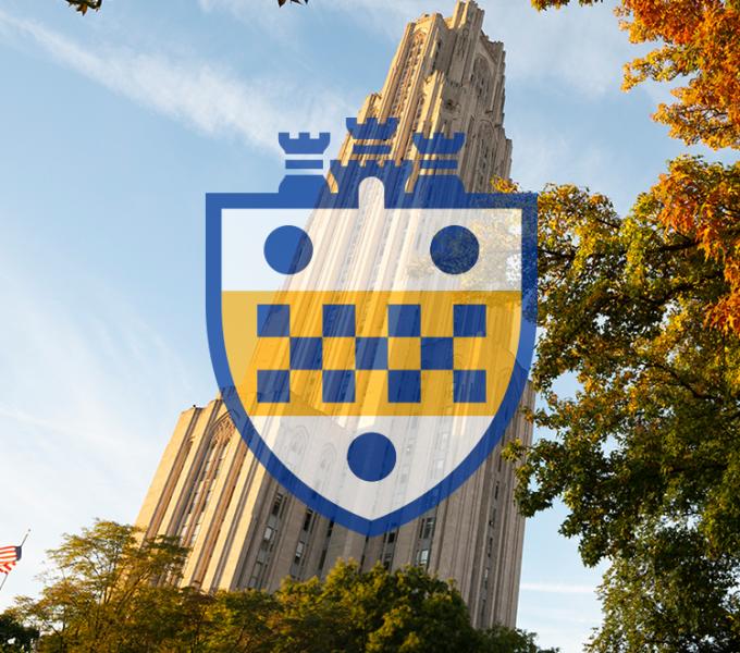photo of cathedral of learning with pitt shield